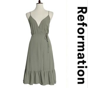 Reformation Sage Green Wrap Dress XS‎ Sleeveless Ruffle Hem Midi Casual